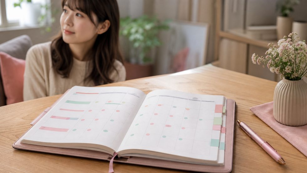チャットレディ出稼ぎのシフトを計画するウィークリー手帳と筆記用具
