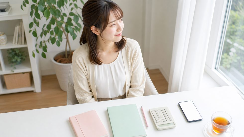 チャットレディへの挑戦を前向きに検討する女性のイメージ（静かな室内で一人考える場面）