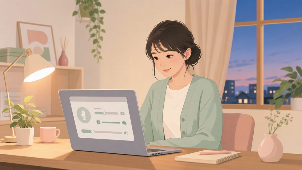 夕方から在宅チャット配信を始める前にパソコンの音声テストをする女性