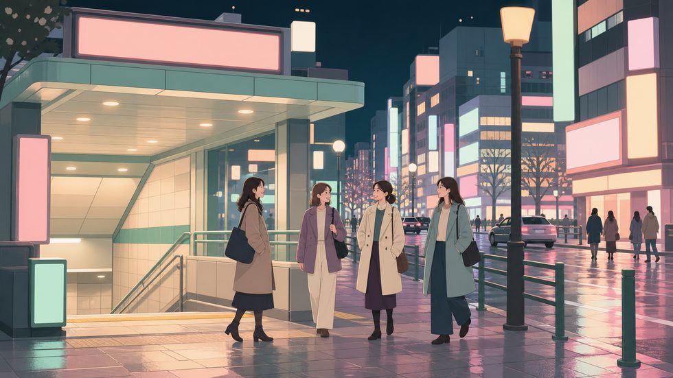 夜のすすきの(札幌)ネオン街と地下鉄南北線すすきの駅出口周辺の風景