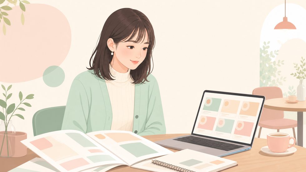 チャットレディの求人票を複数比較している女性(求人選びの資料を机に並べた場面)