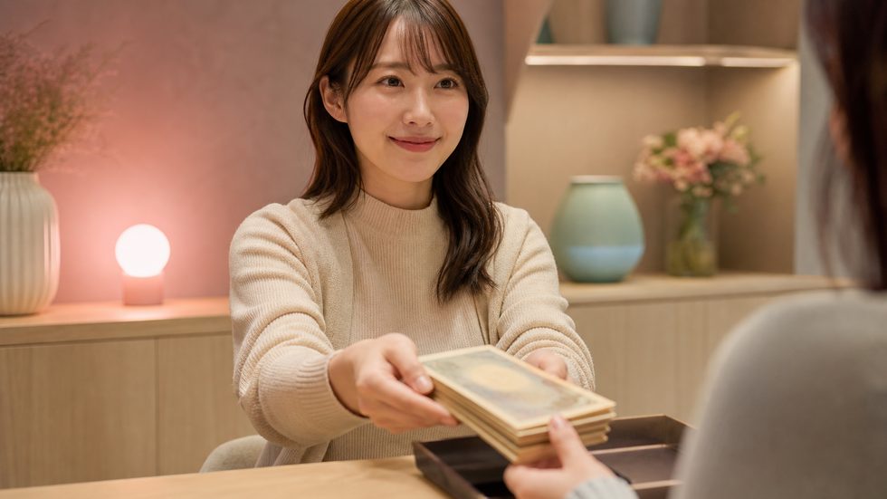 チャットレディの日払い・当日現金受け取りのイメージ(紙幣を受け取る場面)