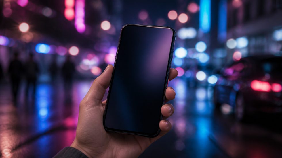 チャットレディの身バレ対策・個人情報保護のイメージ(スマートフォンと夜の札幌の街)
