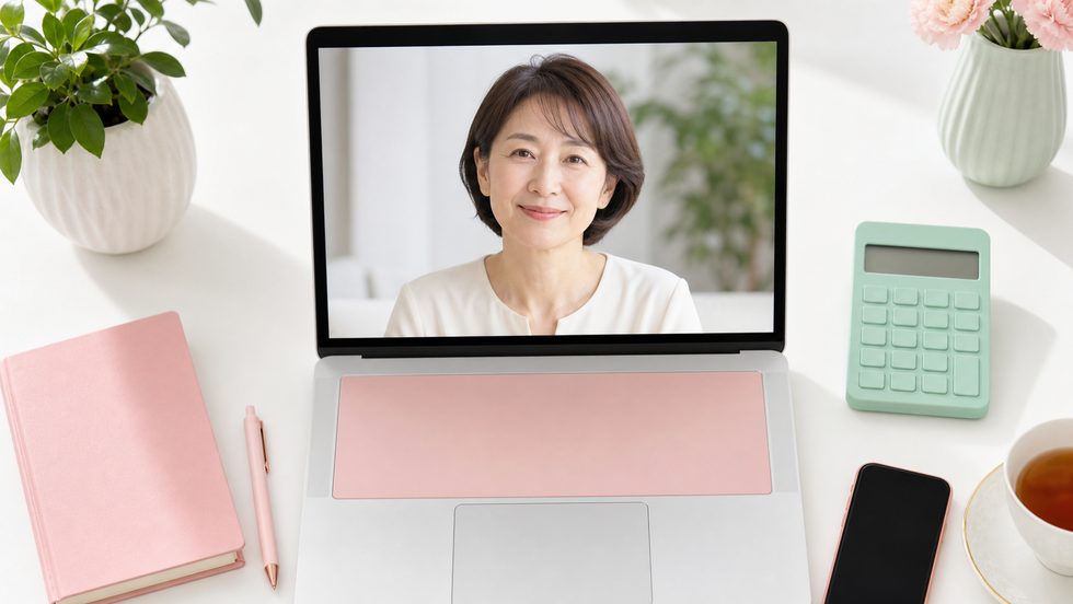 40代女性がパソコン画面を前に落ち着いた表情でオンライン会話を楽しんでいる様子