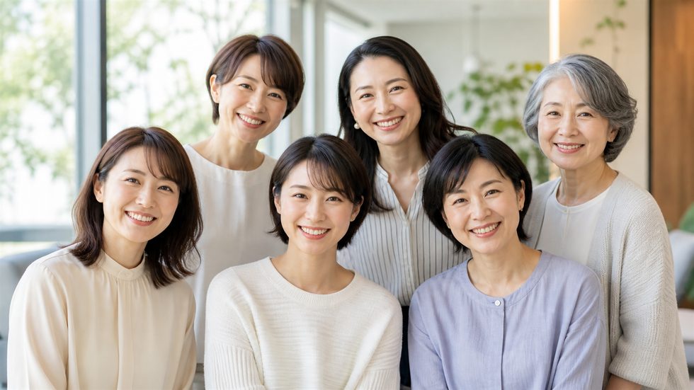 20代から60代まで様々な年代の女性が和やかに並んでいるイメージ（チャットレディ事務所の多様な在籍メンバー）