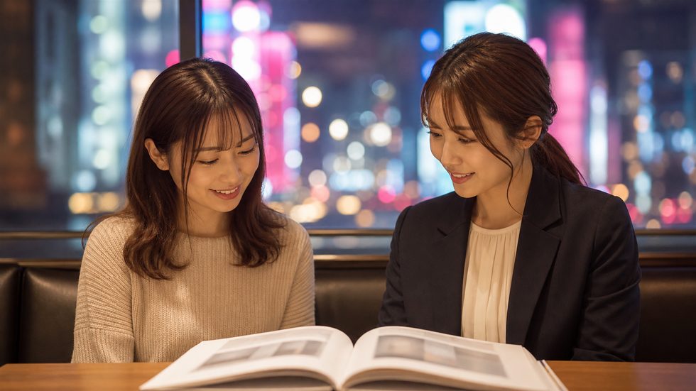 チャットレディのオリジナルマニュアルを使って個別サポートをする女性スタッフの様子