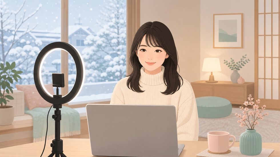 在宅チャット配信の環境セットアップ（リングライト・ノートPC・冬の自宅・在宅稼働のイメージ）