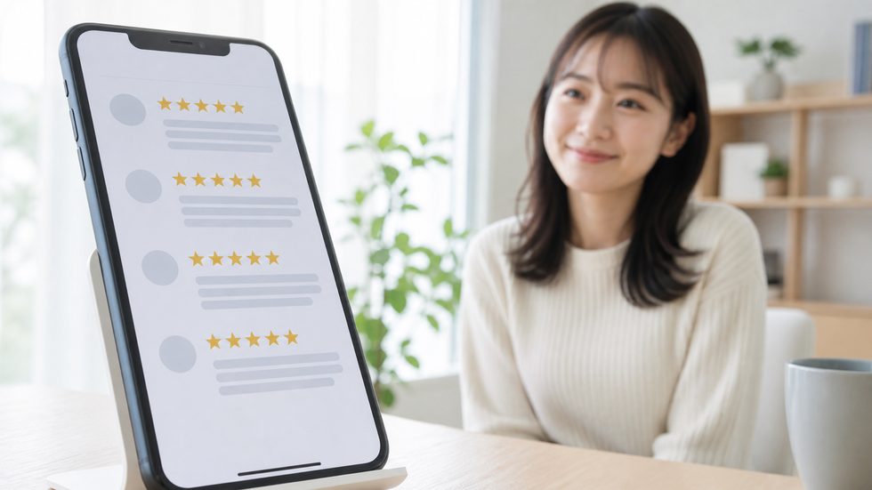 チャットレディの口コミや評価をスマートフォンの画面で確認している様子