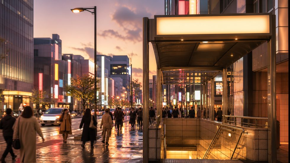 地下鉄すすきの駅1番出口付近のすすきのの夜景(ミント札幌へのアクセスルート)