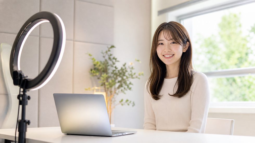 防音完全個室チャットルームのリングライトとPC設備（チャットレディ事務所の個室内装）
