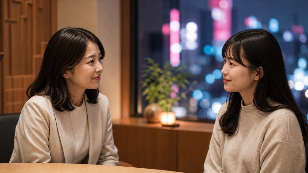 チャットレディ事務所での女性スタッフと悩んでいる女性の個別相談シーン