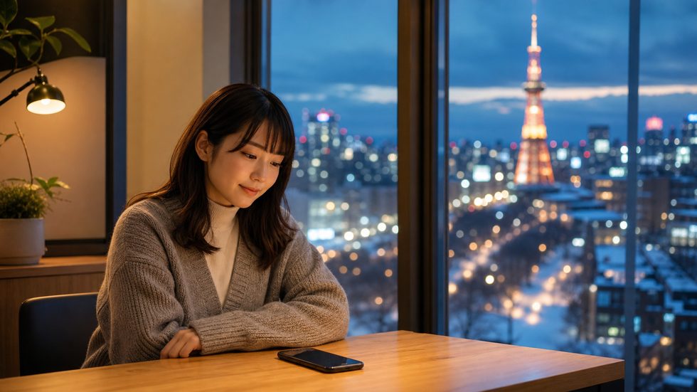 続けるか辞めるかを考える日本人女性がスマートフォンで情報を調べているシーン