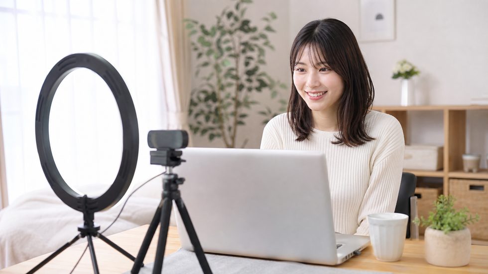 在宅チャットレディのデスク環境（リングライト・Webカメラ・ノートPCのセットアップ）
