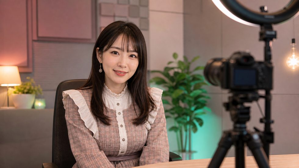 チャットレディ事務所の完全個室で衣装を着て配信準備をする女性（防音・照明完備）