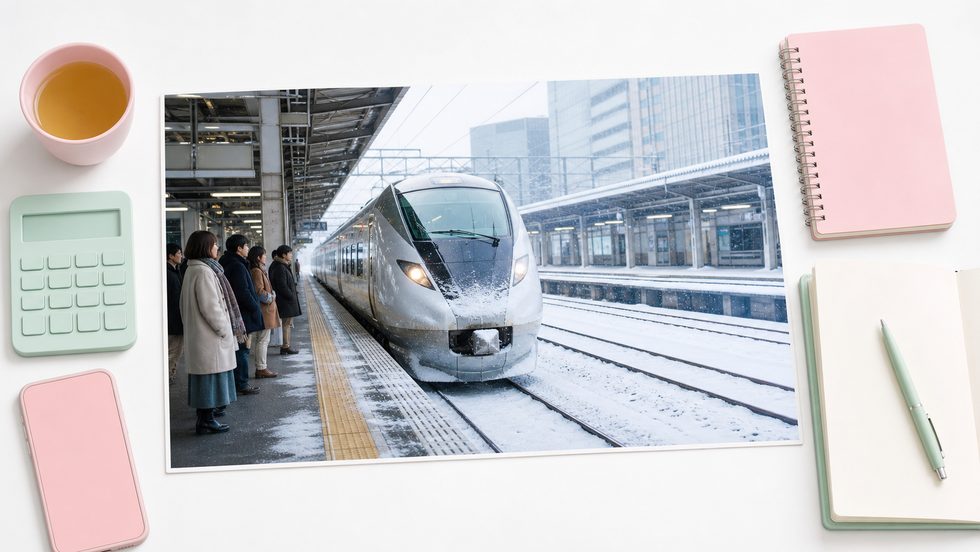 冬の札幌駅ホームに到着するJR特急列車(北海道各地からのアクセスイメージ)