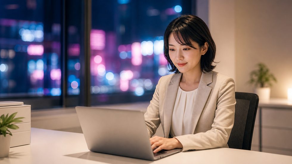 清潔な個室デスクで落ち着いて作業する30代女性(チャットレディ通勤スタイルのイメージ)