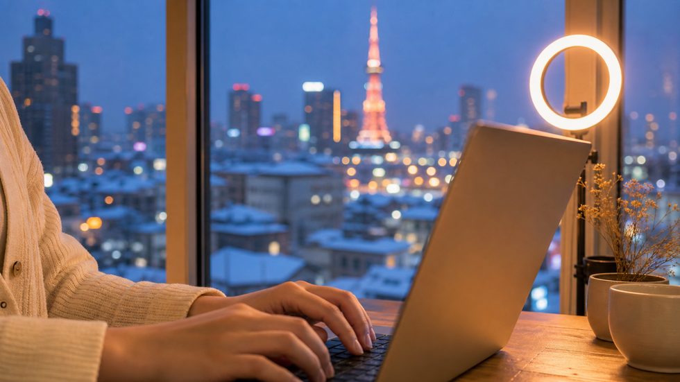 チャットレディのライブ配信中の手元とリングライト（ノンアダルト稼働中のイメージ）