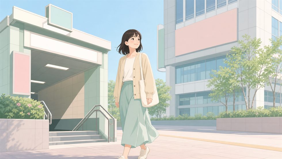 地下鉄すすきの駅出口から事務所へ向かう女性の通勤シーン
