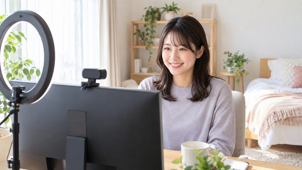 在宅チャットレディの配信環境・リングライトとウェブカメラのある机と服装