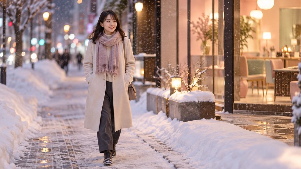 すすきのを歩く女性・冬の札幌の街並みと雪景色