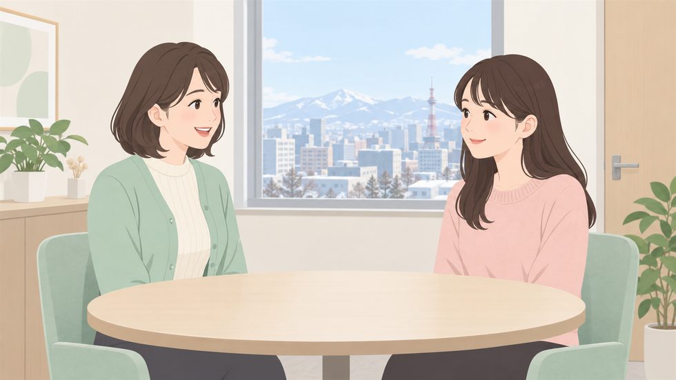 札幌のチャットレディ事務所で女性スタッフが応募者に説明している場面(個室)