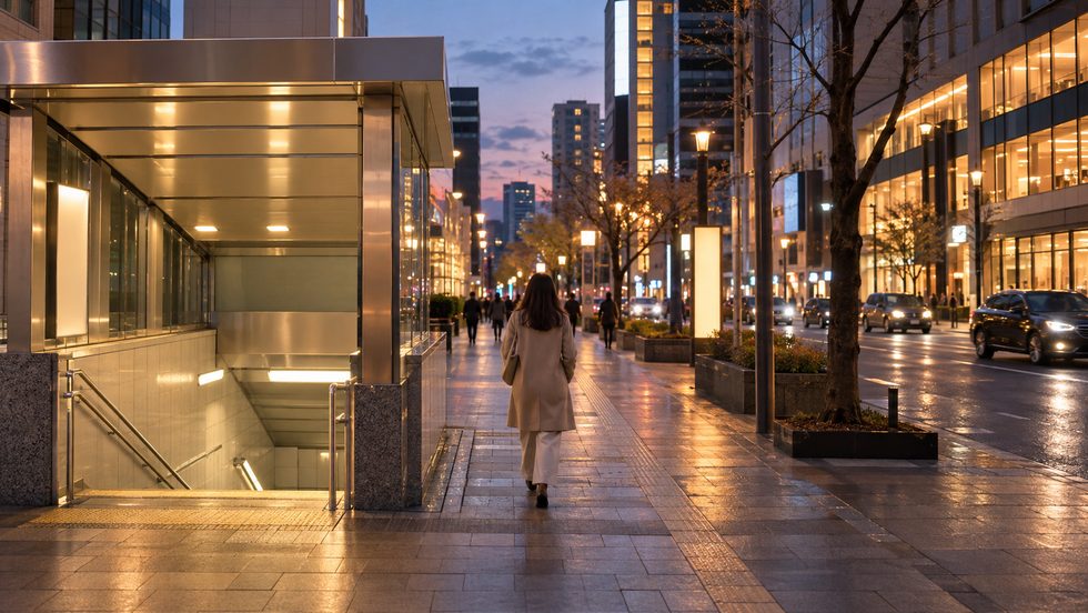 すすきの駅1番出口から事務所へ通勤する女性(札幌)夕方の街並み