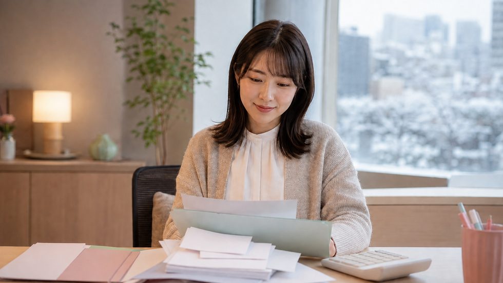 確定申告の書類や電卓を使って計算しているイメージ(札幌の女性)