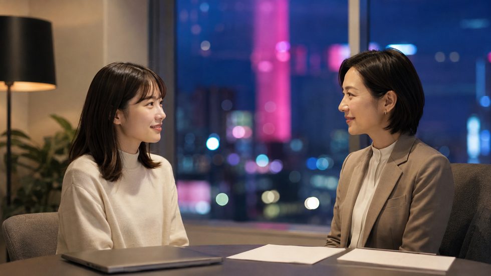 札幌・すすきのの事務所で女性スタッフに確定申告の相談をしている様子