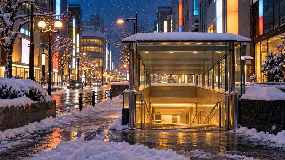 すすきのの街並みと地下街ポールタウン入口(冬の札幌・通勤風景)