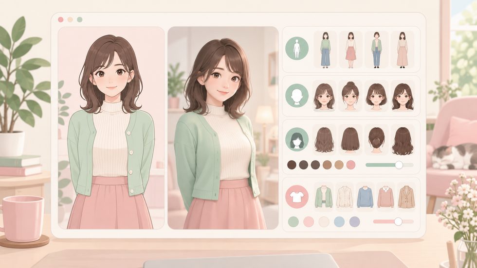 FANZAバーチャルチャットのアバターキャラクター作成画面(体型・顔・髪型・服装の組み合わせ)
