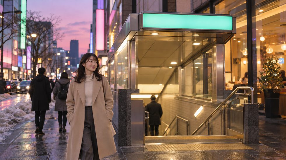 札幌・すすきの駅周辺の夕方の街並みと地下鉄出口付近