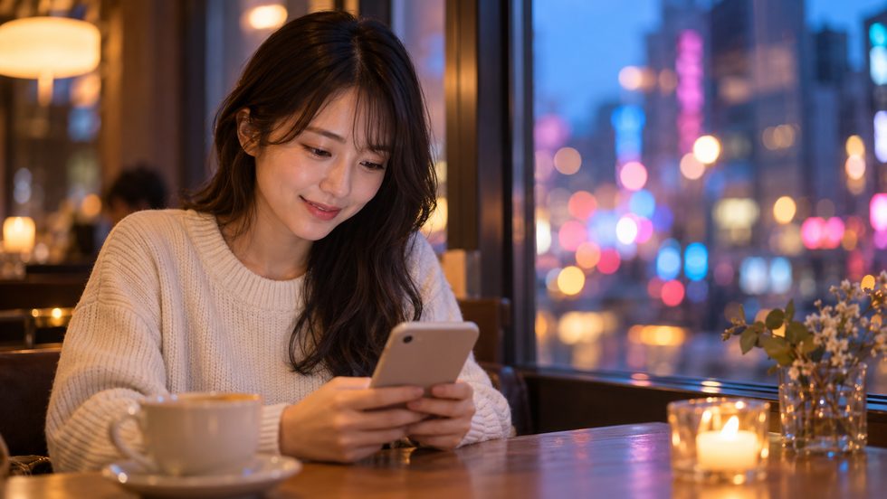 チャットレディの疑問をスマホで調べる女性(札幌のカフェ)
