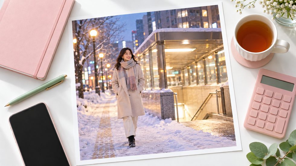 雪の日のすすきの駅周辺を歩く女性(札幌・通勤のイメージ)