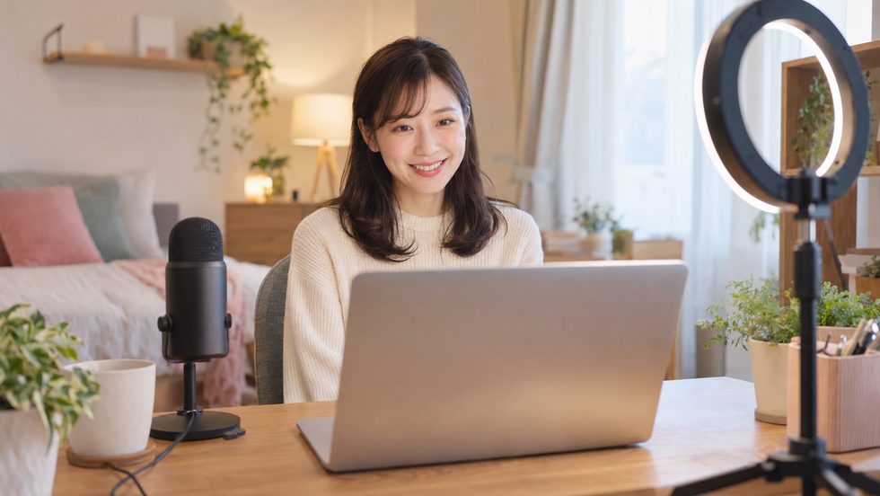 在宅チャットレディの配信環境セットアップ例（パソコン・照明）