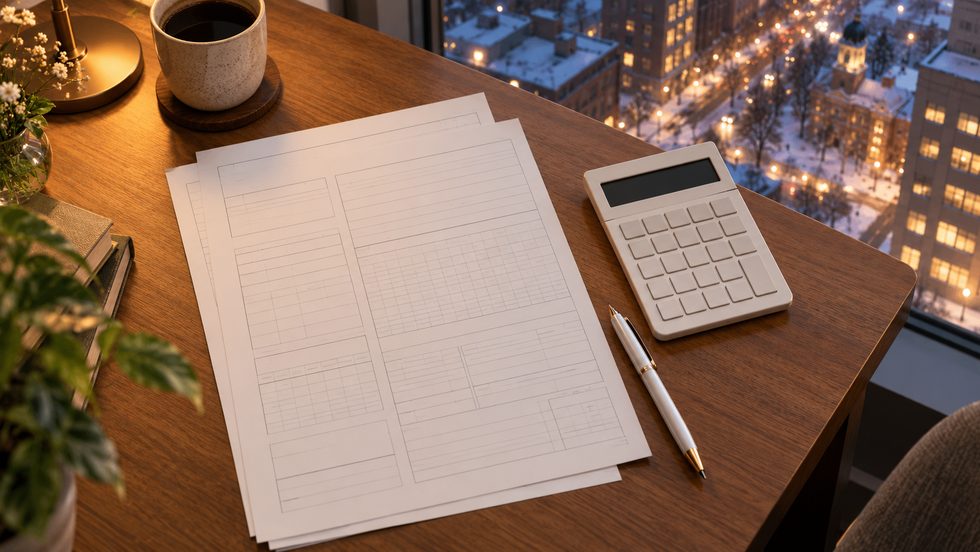 確定申告の書類と電卓を置いたデスクのイメージ