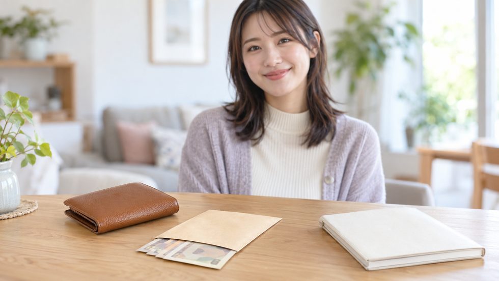 日払いで現金を受け取るイメージ(封筒に入った現金と手帳)