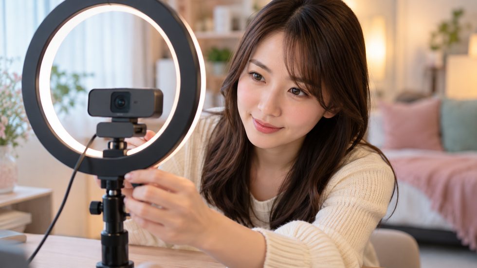 チャットレディの配信機材（リングライトとウェブカメラ）の手元