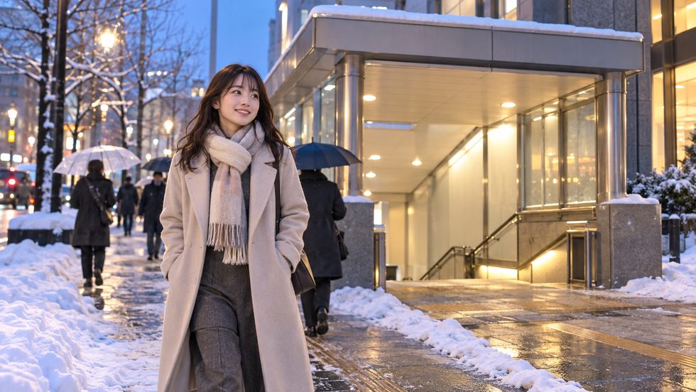 冬の夕方のすすきの駅周辺の通勤風景（札幌）
