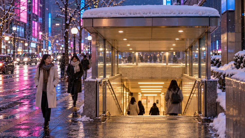 すすきの駅1番出口と地下街ポールタウンの通勤風景・冬の札幌
