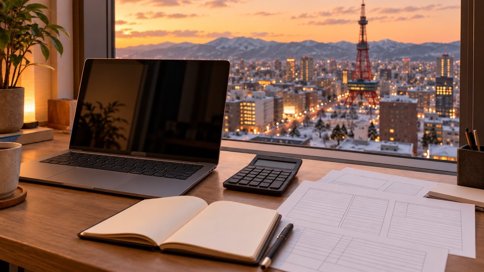 確定申告の書類と電卓、ノートパソコンを広げた机の上