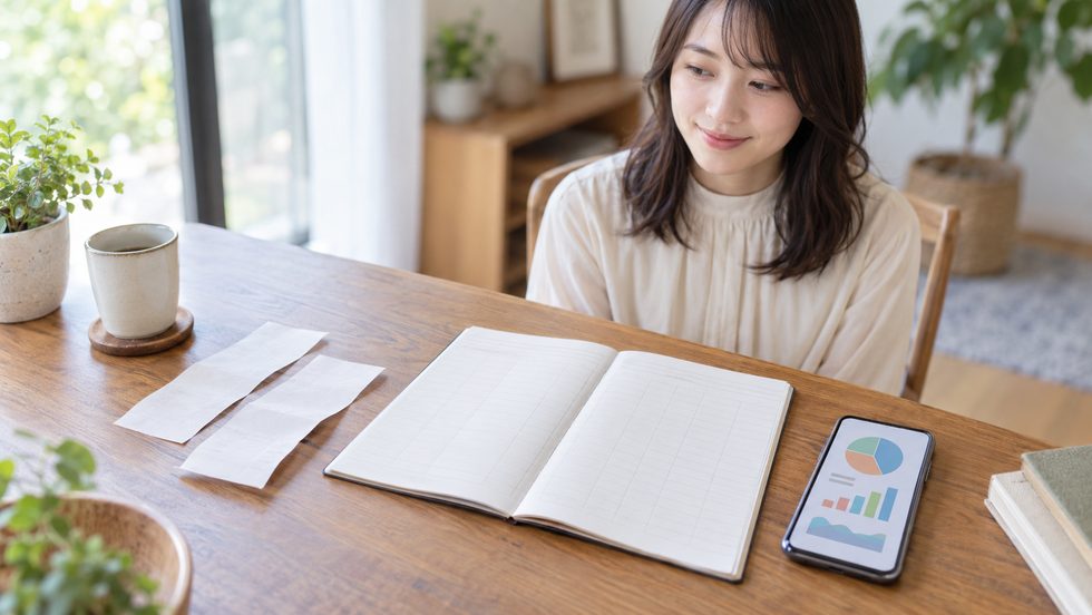 領収書とノート、帳簿アプリを開いたスマホを並べた机