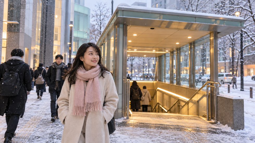 冬の札幌・すすきの駅周辺の街並みと地下鉄の出入口