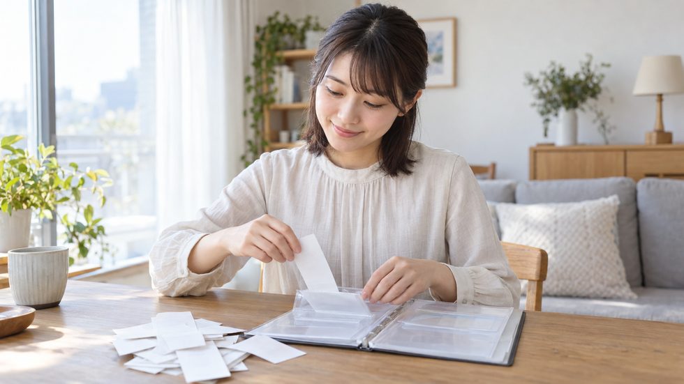 領収書を整理してファイリングする手元