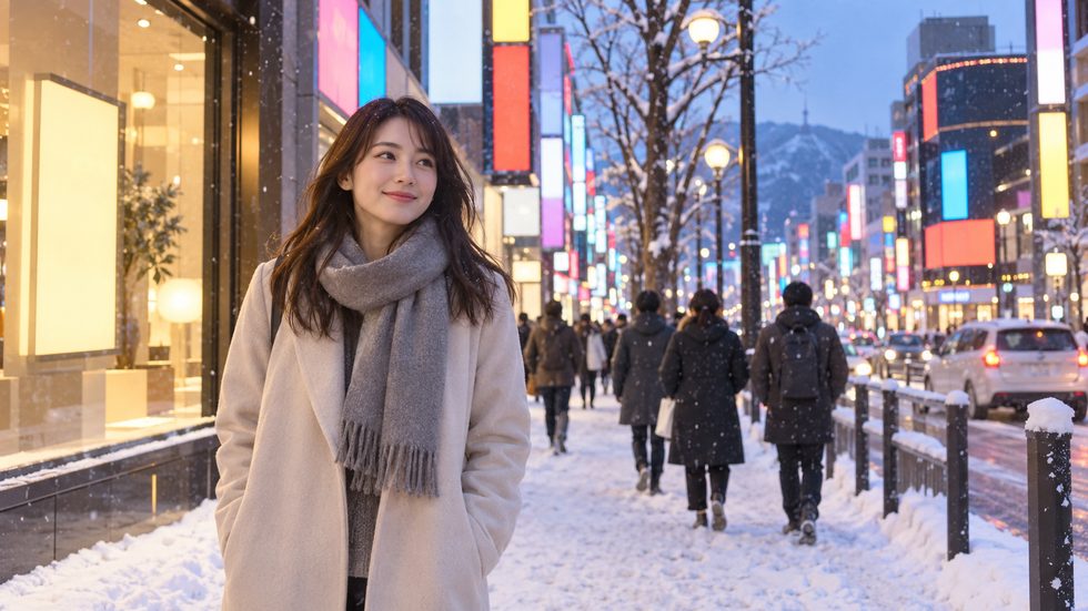 雪の夜のすすきの(札幌)の街並み