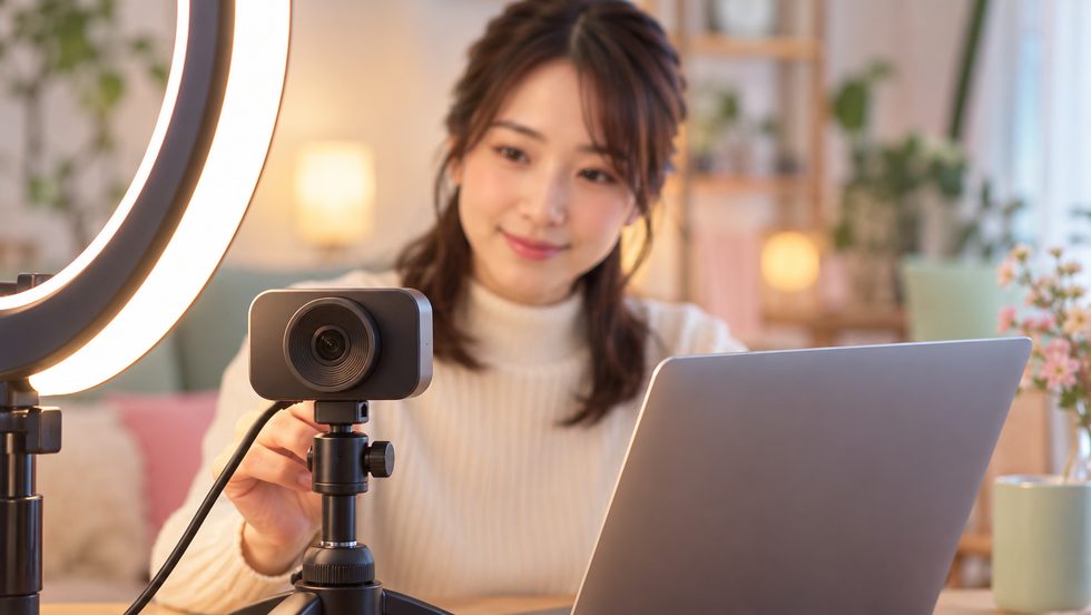 リングライトと配信カメラの手元（加工カメラで映り方を調整するイメージ）
