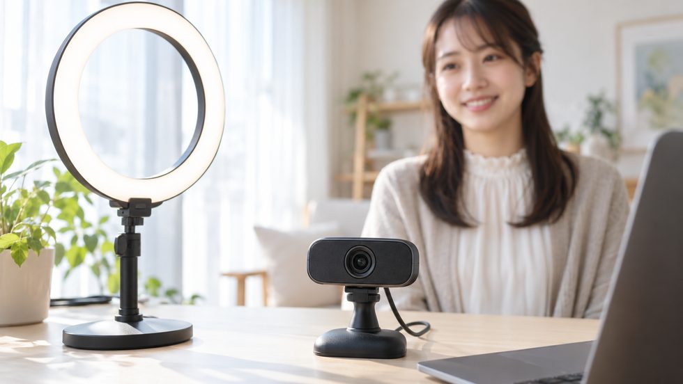 チャットレディの配信機材:ウェブカメラとリングライトの手元(通勤用ルーム)