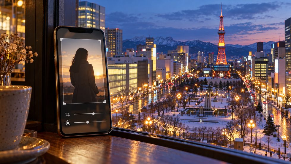 スマホで写真の明るさやトリミングを加工している画面のイメージ