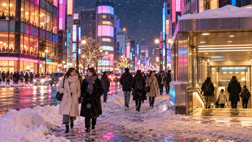 冬のすすきの駅周辺の街並み（札幌・地下鉄南北線）