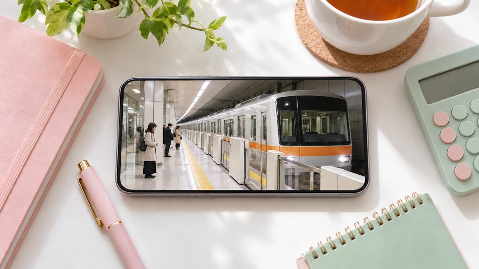 札幌の地下鉄東西線のホームと電車(新札幌・厚別方面から大通駅へ向かうイメージ)