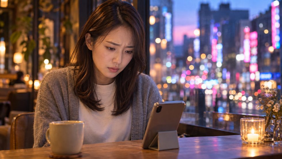 チャットレディの逮捕ニュースの見出しをスマホで見て不安になる女性